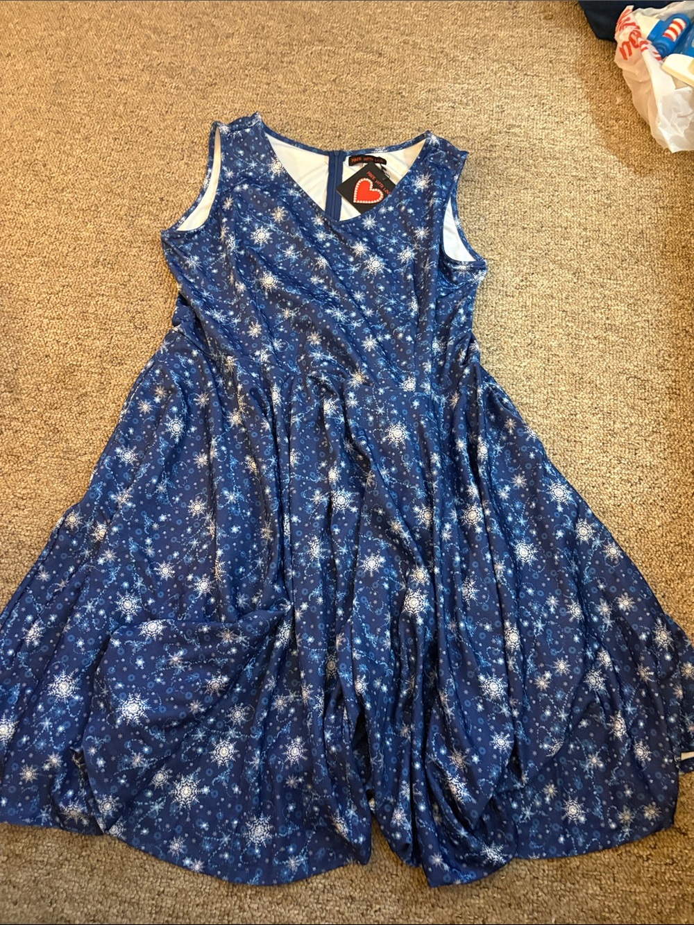 Heart-Tagged Blue Midi Dress with Snowflake Motif